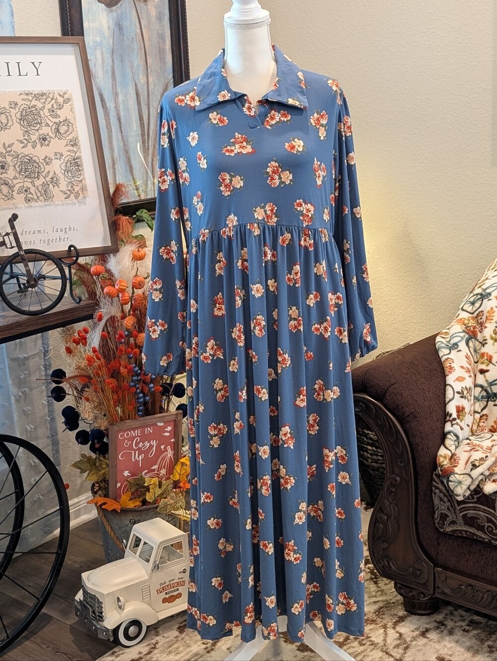 Blue Floral Long Sleeve Maxi Dress